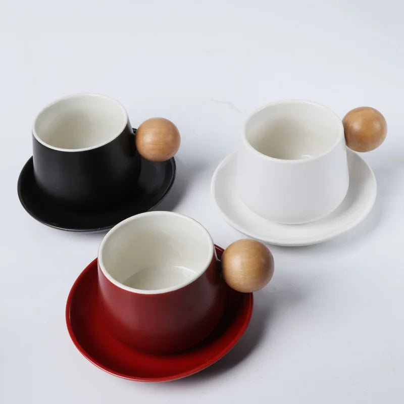 Home Coffee Cup and Saucer Set Expensive Mug Gift Ceramic Vintage Tea Set Wooden Handle Classic Mug Solid Color Ceramic Teacup